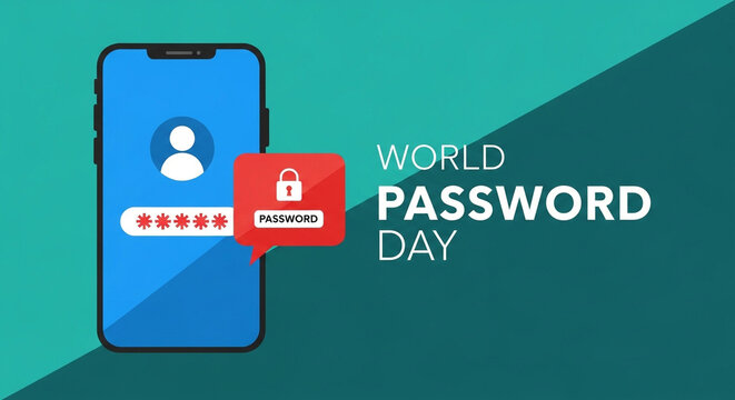 This image depicts a smartphone with a login screen, highlighting the importance of password security on World Password Day. The phone's screen displays a user icon and a password field with