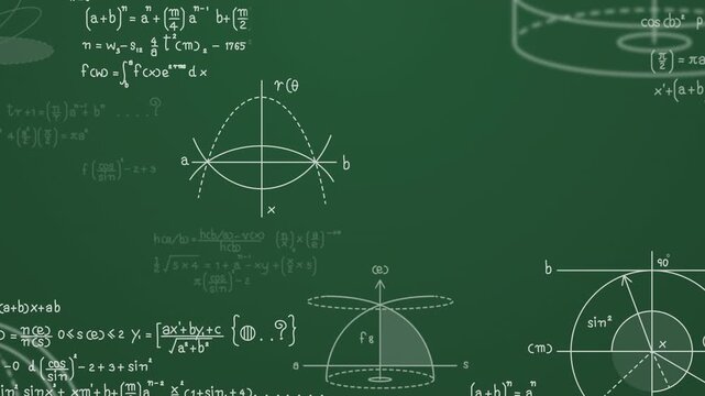 Math formulas and graphs background on a blackboard.