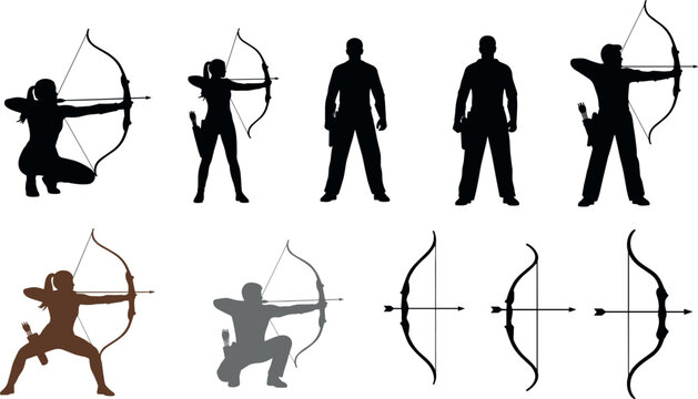 Set of archer silhouettes with bow and arrow in different poses isolated on white background hunting and sport vector illustration