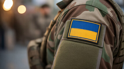 Obraz premium Ukrainian soldier wearing camouflage with national flag patch to show patriotism and support during conflict in Ukraine for freedom and peace