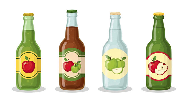 Four cartoon apple cider bottles with fruit labels in green brown and clear glass isolated on a white background apple beverage illustration