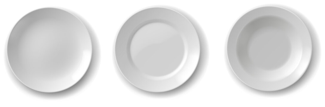 白い陶器プレート3種類の俯瞰ビュー シンプルで清潔感のある食器セット 飲食店やメニュー表に最適な背景素材