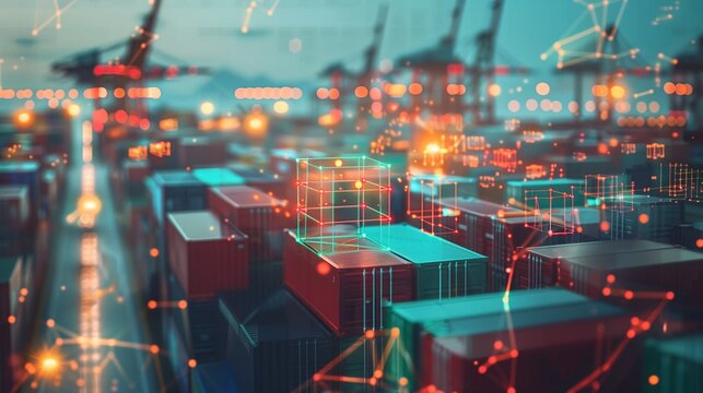 Freight containers with digital network overlay, futuristic supply chain concept.