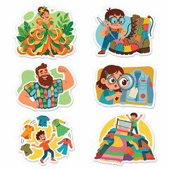 Fototapeta premium Cute 2D Stickers Of People Building Bamboo Bee Hotels And Offering Tea To Giant Fuzzy Bumblebees For World Environment Day Pollinator Protection Biodiversity And Nature Conservation Concept Art