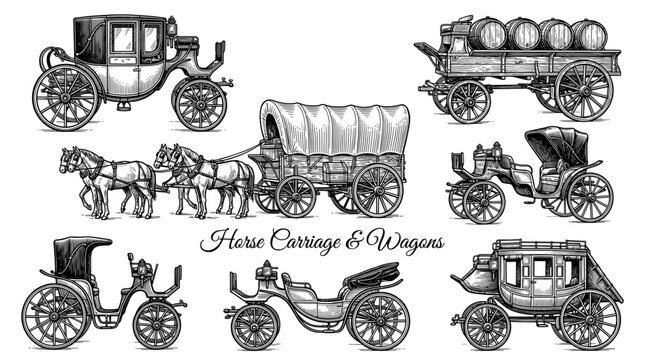 Collection of Vintage Horse Carriage and Wagon Illustrations in Hand Drawn Engraving Style, Featuring Antique Transportation like Stagecoaches, Covered Wagons, and Elegant Victorian Coaches