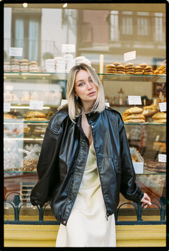 Woman at bakery window