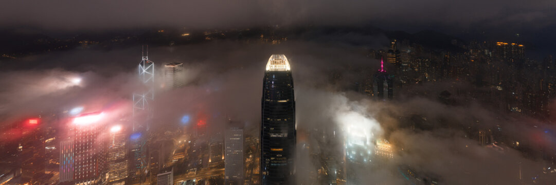 IFC Building Low Clouds at night Hong Kong