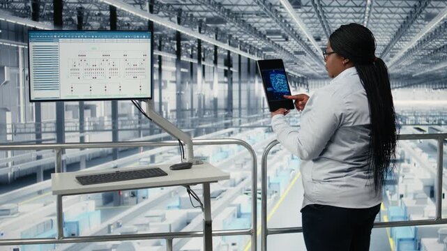 Using AI deep learning, EDA software and woman monitoring PCB smart factory workflow. Tracking microchip production, artificial intelligence simulation and African american female manager, camera A