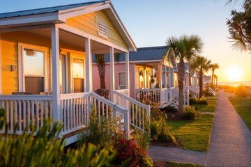 Fototapeta premium Soft Sunrise Lighting Over Pastel Cabins with Subtle Warmth by the Water's Edge