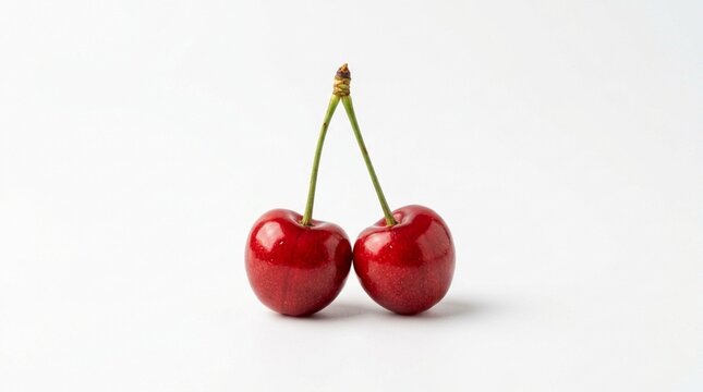 Dua buah ceri merah segar yang masih menempel pada satu batang dengan latar belakang putih polos bersih bergaya minimalis dan elegan.