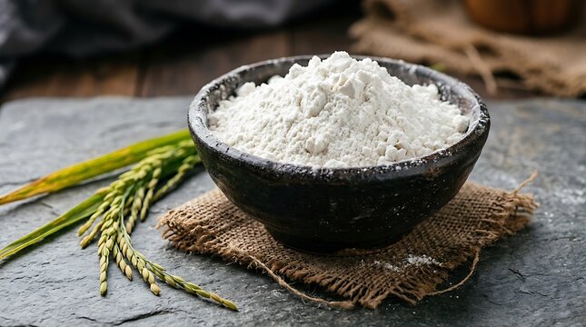 Tepung terigu dalam mangkuk hitam di atas kain dan daun padi hijau di sampingnya