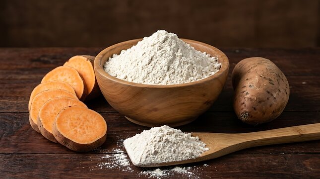 Tepung Terigu dalam mangkuk kayu dengan ubi jalar dan ubi ungu di atas meja kayu