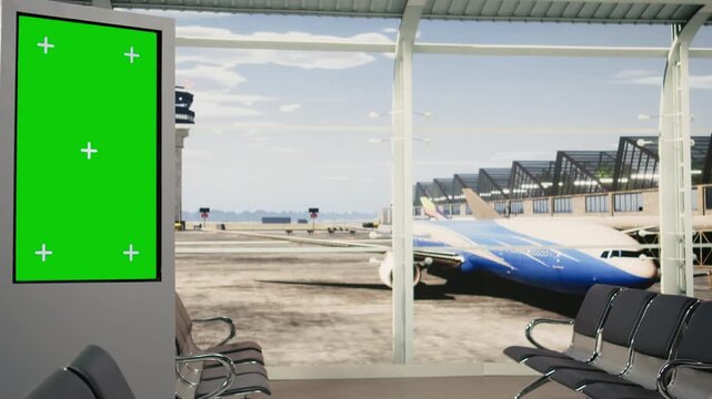 Green screen board in empty airport terminal with runway shown on big windows, terminal exterior and boarding gates for departure. Lounge waiting area with no people, air travel.