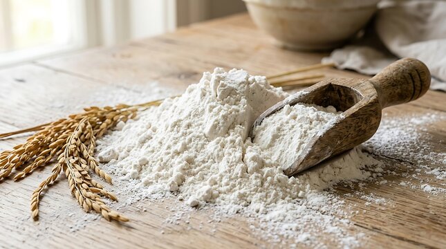Tepung Gandum Halus di Meja Kayu dengan Bulir Gandum &ndash; Bahan Baking Tradisional Premium