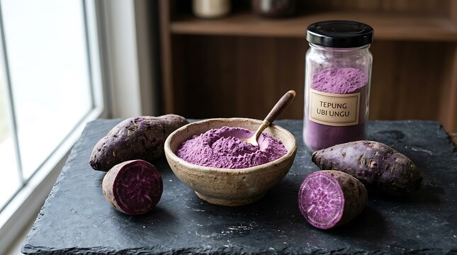 Tepung ubi ungu alami dari ubi ungu lokal dengan warna unik