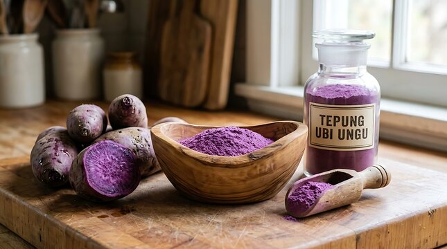 Tepung Ubi Ungu alami di dapur, bahan makanan sehat dan berwarna menarik