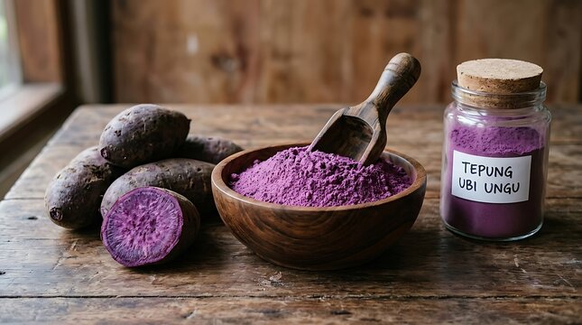 Tepung ubi ungu dan singkong mentah di rustic kitchen untuk bahan masak tradisional