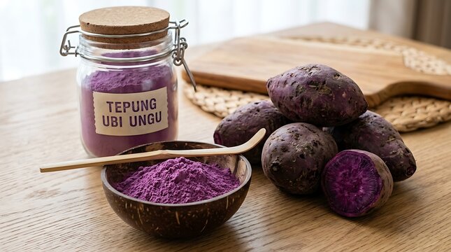 Tepung ubi ungu dan ubi ungu segar di atas meja kayu untuk bahan masakan tradisional Indonesia