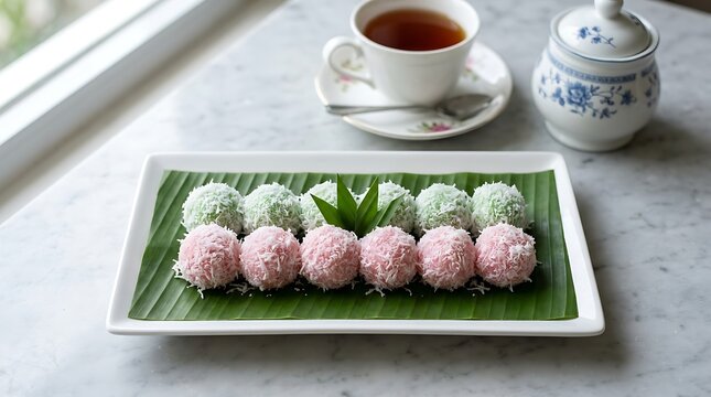Tumpukan kue klepon berwarna pink dan hijau di atas piring putih untuk sajian tradisional Indonesia