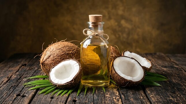 Minyak kelapa murni dan buah kelapa segar di atas meja kayu