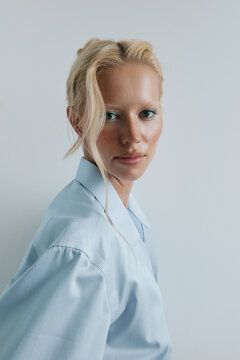 Beauty portrait woman looking at camera white background