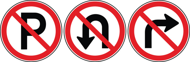 No parking no u turn no right turn traffic signs prohibition road safety symbols clear regulatory icons design © MDMILON 2