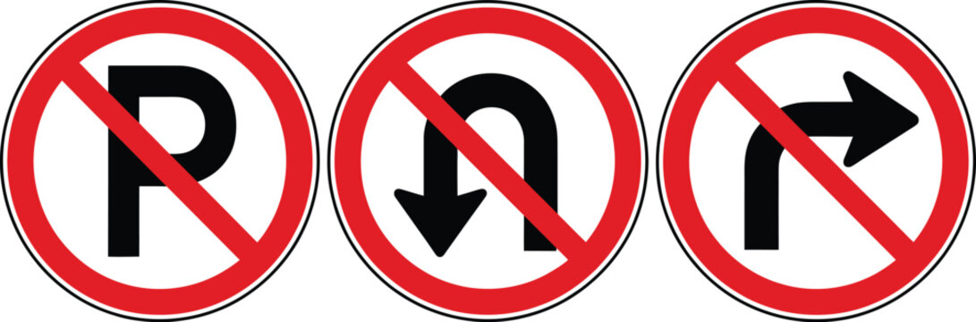 No parking no u turn no right turn traffic signs prohibition road safety symbols clear regulatory icons design