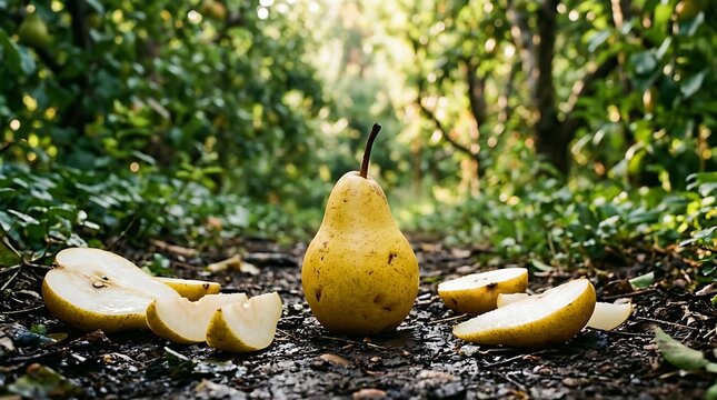 Pir (peras) kuning segar di alam terbuka, cocok untuk makanan sehat dan camilan alami