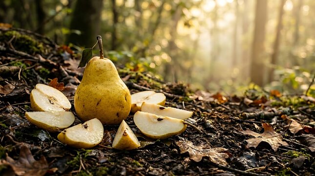 Pir buah pir kuning segar di suasana hutan alami saat matahari pagi