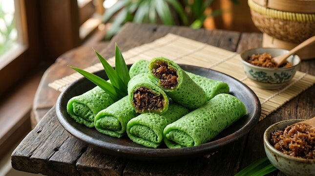 Pisang Salju hijau isi klepon gula merah sajian tradisional Indonesia