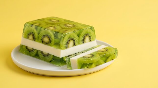 Puding kiwi segar dan warna-warni di piring putih kuning