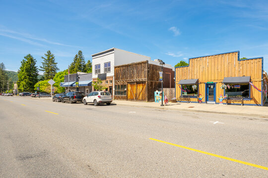 Picturesque historic buildings along Main Street, in the small town of Spirit Lake, Idaho, in the North Idaho panhandle region.