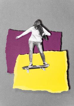 Analog collage skateboarder with color blocking