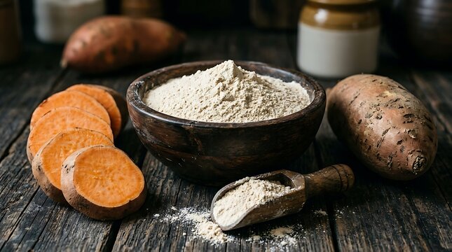 Puluhan ubi jalar oranye dan ungu segar di atas papan kayu sebagai bahan masakan khas Indonesia