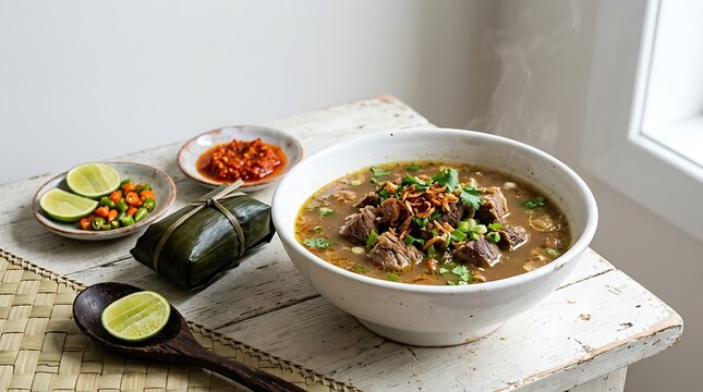 Sup daging sapi kuah kaldu gurih disajikan dengan irisan jeruk nipis dan sambal khas Indonesia