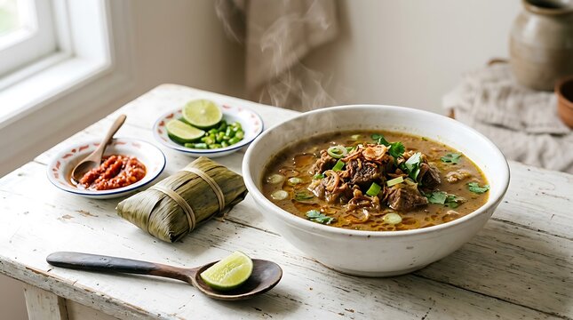 Sup daging sapi khas Indonesia dengan kuah rempah hangat dan sambal pedas di meja makan