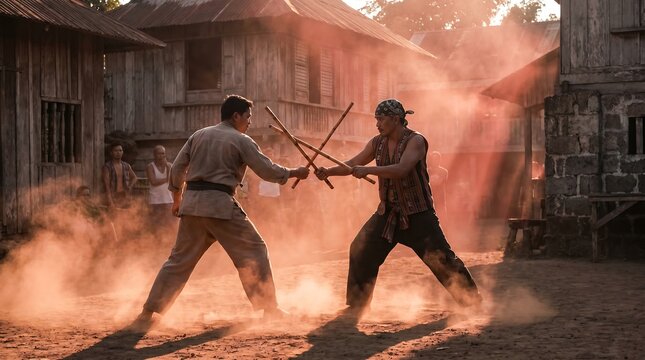 Two men in traditional martial arts attire engaged in a fierce sword fight amidst swirling dust in a rustic village setting with warm, golden lighting.