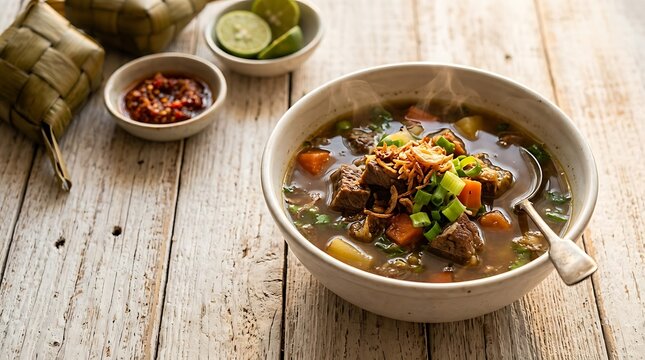 Sup konro sapi hangat di mangkuk kayu untuk hidangan khas Indonesia