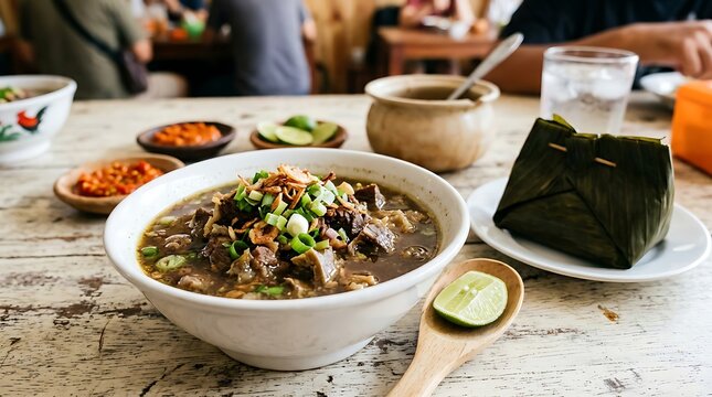 Sup Semur Daging sapi kaya rempah dan sambal khas Indonesia di meja makan