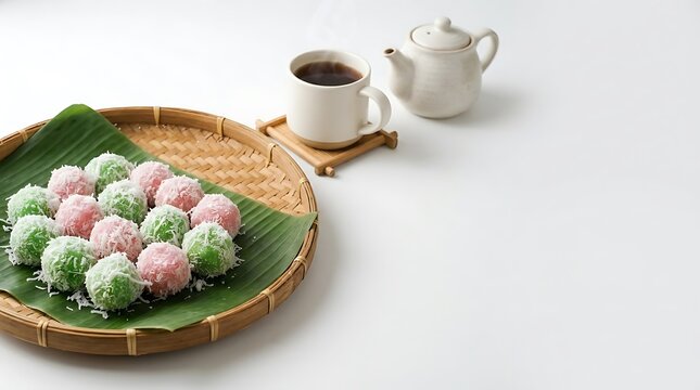 Tampilan aneka kue klepon warna-warni disusun di keranjang bambu dengan teh dan kopi di meja putih