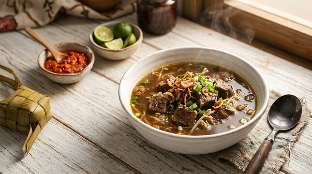 Sup sapi khas Indonesia dalam mangkuk tradisional di meja kayu alami