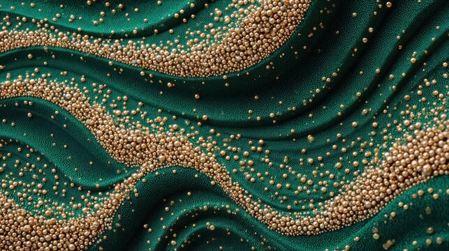 An abstract wave of tiny flowers made of pearls and gold dust. Deep dark green velvet background. Luxurious 3D sculptural relief