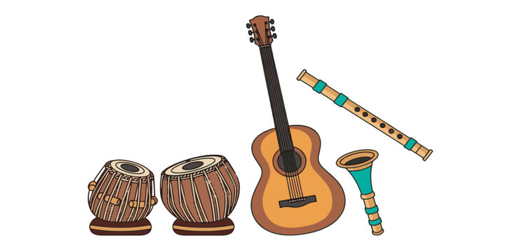 Traditional Indian musical instruments on display.