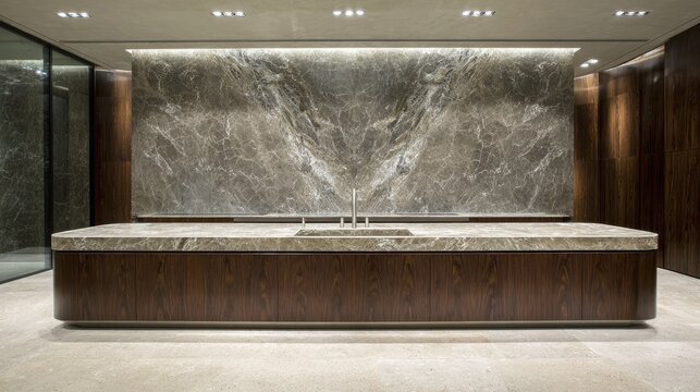 Luxurious modern kitchen island showcases dramatic veined stone backsplash and dark wood cabinetry