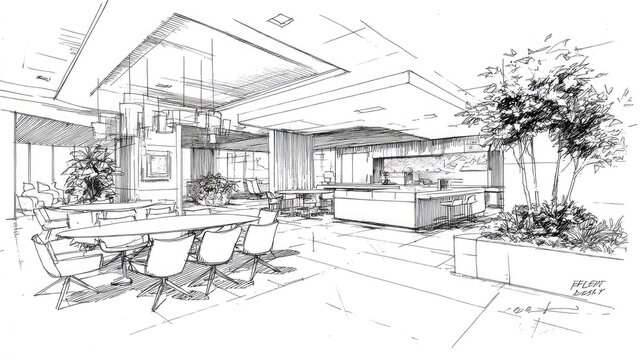 Hand drawn architectural sketch depicting a modern open concept dining and lounge area