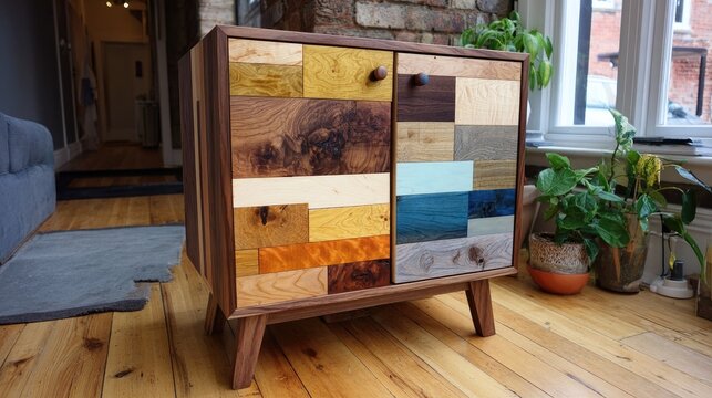 Handcrafted storage cabinet featuring a colorful patchwork facade stands in a sunlit room