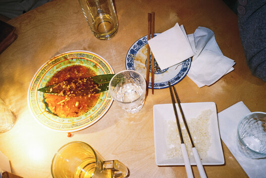  Messy Table After Asian Restaurant Meal