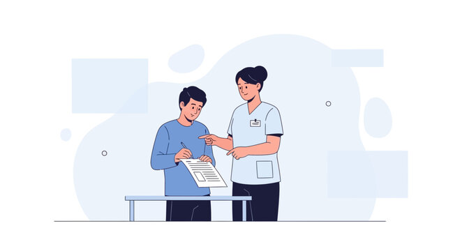 Nurse helping patient sign medical document, healthcare consultation, clinic interior