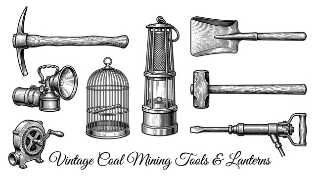 Vintage Coal Mining Tools and Lanterns Collection, Retro Engraving Style Vector Illustration of Industrial Equipment Including Pickaxe, Shovel, Safety Lamp, Birdcage, and Jackhammer