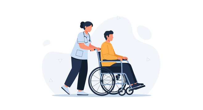 Nurse pushing patient in wheelchair, healthcare concept, medical assistance, disability support